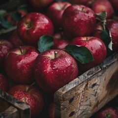 Wall Mural - A collection of vibrant, red apples covered in water droplets, nestled in a rustic wooden crate, with green leaves accentuating their freshness and natural appeal.