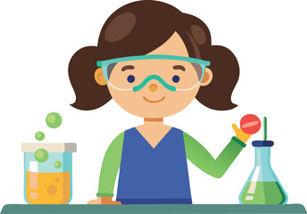 Illustration of a young girl wearing goggles and conducting a science experiment with beakers in a laboratory setting.