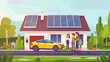 © Damerfie - A family of four stands in front of their modern eco-friendly home powered by solar panels, with a yellow electric car parked, depicting a forward-thinking and sustainable lifestyle.