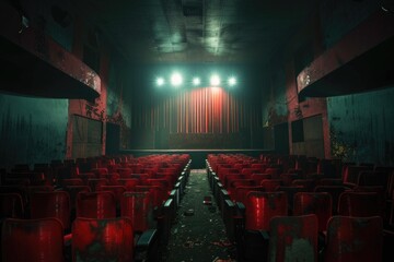 Poster - A quiet empty theater with red chairs and curtains