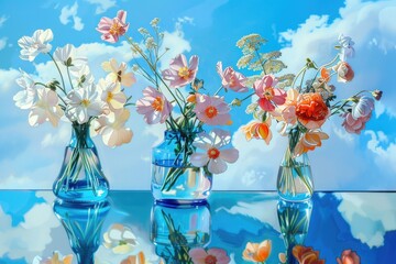 Poster - A still life image of three vases filled with various flowers sitting on a table