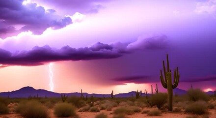 Sticker - Monsoon Storm with Lightening over a Desert with Saguaro Cactus 4k animation