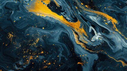 Poster - Close-up of a fluid painting featuring black and yellow colors, with textured brushstrokes