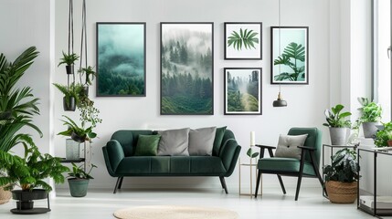 Wall Mural - A cozy living room adorned with vibrant green plants, comfortable seating, and nature photography on white walls, creating a peaceful and stylish ambiance.