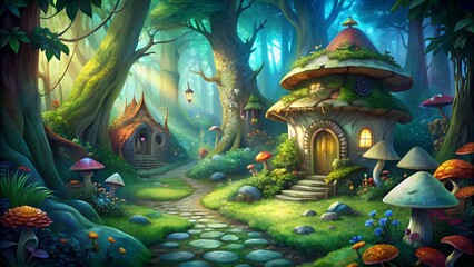 Pathway winding through enchanted forest leading to mushroom houses