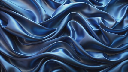 Luminous navy blue silk fabric with undulating waves creates an opulent background perfect for showcasing high-end luxury products with sophistication and refinement.