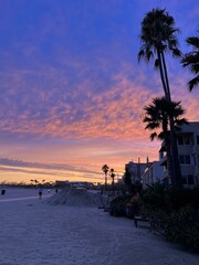 Canvas Print - Vertical shot of a serene beach scene at sunset with palm trees and vibrant sky colors