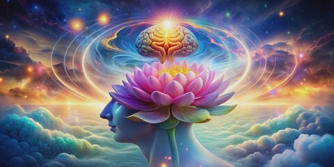 Wall Mural - Vibrant colors swirl around a glowing brain amidst lotus flowers and wispy clouds, symbolizing a meditative state of balance, focus, and psychic harmony.