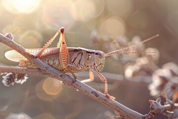 Poster - A close-up shot of a grasshopper sitting on a branch, natural and vibrant colors