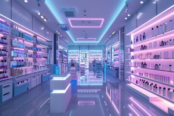 Aufkleber - A store with various cosmetic products on shelves, suitable for use in advertising or retail settings