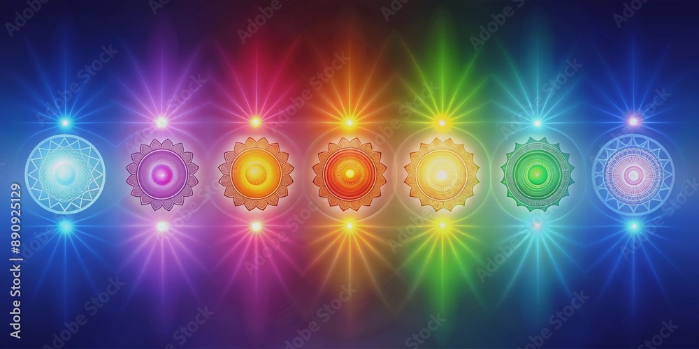Ilustración de Stock Seven vibrant, glowing chakra symbols align ...
