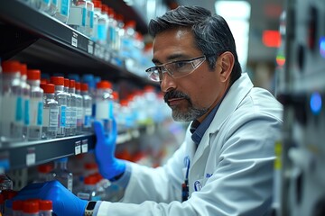 Poster - male scientist wearing safety glasses and gloves reaches for sample bottles on shelf in a laboratory