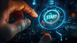 © CNISAK - a hand pressing a futuristic, glowing 'START' button, symbolizing the initiation of new projects or ideas.