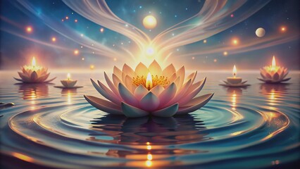 Wall Mural - Serene digital illustration of a lotus flower surrounded by gentle waves, candles, and subtle light effects, guiding users towards relaxation and spiritual growth.