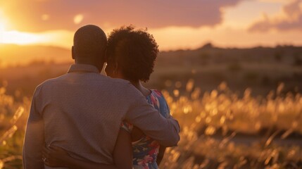 Sticker - A pair of people standing together in a green field as the sun sets in the background, with warm orange and yellow hues