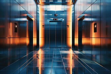 Aufkleber - A long hallway with two elevators in a modern building