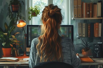 Poster - Woman Working at a Computer in a Home Office