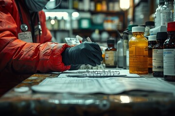 Poster - scientist writing notes in laboratory setting while surrounded by chemicals