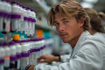 Poster - young male scientist working with samples in laboratory
