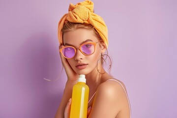 Poster - A woman wearing a towel on her head holds a bottle of liquid, suitable for use in beauty or wellness contexts