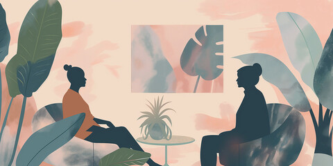 two women discussing during therapy session with plants