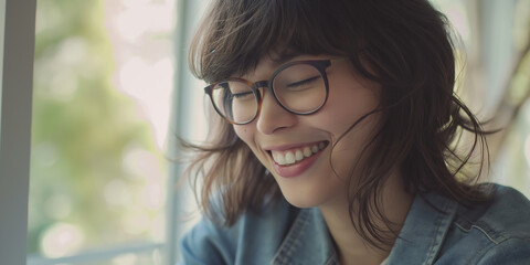 Poster - Young woman wearing glasses is smiling while working on laptop at home