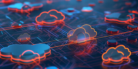 Poster - Cloud computing concept with glowing clouds over circuit board