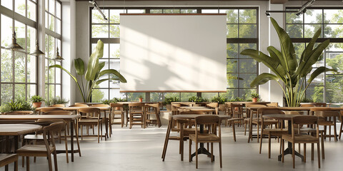 Aufkleber - Modern sunlit restaurant interior with large horizontal poster mockup hanging from ceiling