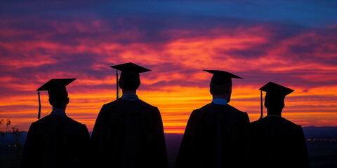 Poster - Group of students wearing cap and gown watching sunset after graduation ceremony