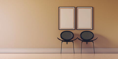Aufkleber - Two modern chairs standing in gallery with blank frames showing on wall