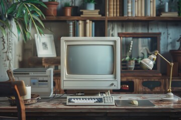 Aufkleber - An old computer sitting on a wooden desk