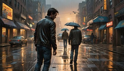 People in the Rain Soaked Streets of a City Landscape