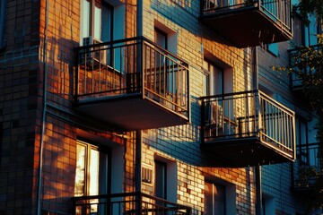 Poster - A cityscape image showing a multi-story apartment building with stacked balconies, providing a unique view of urban architecture