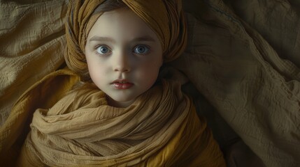 Poster - A young girl with a colorful turban gazing directly into the lens