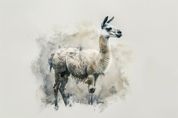 Poster - A close-up photo of a llama sitting on a plain white surface, with its fur and ears prominent