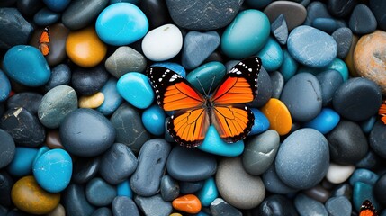 Butterfly and stones as background. A blue, gray and black pebble background with an orange butterfly on top of the rocks.