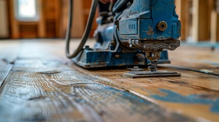 Close-up of a flooring nailer being used to secure new hardwood planks during a partial replacement