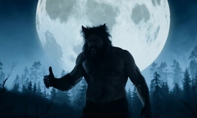 Wall Mural - A large, scary wolf is standing in front of a large, dark moon. Scene is eerie and ominous 4K Video