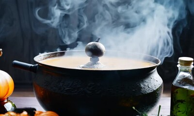 Wall Mural - A black pot with a white lid is filled with a thick, steaming liquid. The pot is surrounded by several pumpkins, including some that are orange and some that are green. The scene has a spooky 4K Video