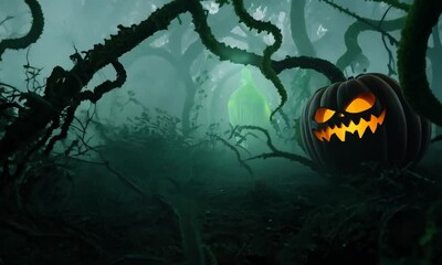 Wall Mural - A spooky forest with a pumpkin lantern and a green glow. Scene is eerie and mysterious 4K Video