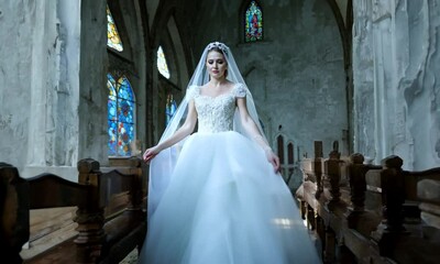 Wall Mural - A woman in a white wedding dress stands in a church. The church is old and has stained glass windows. The woman is wearing a veil and she is in a wedding ceremony 4K Video