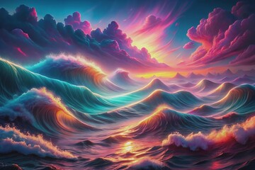 Wall Mural - Vibrant neon pink and blue hues illuminate undulating ocean waves in a mesmerizing digital artwork, evoking a dreamlike atmosphere of surreal underwater wonder.