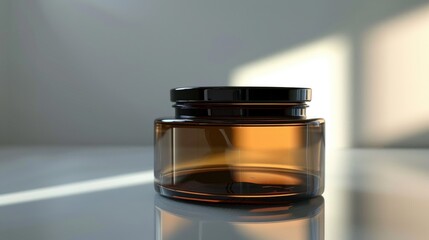 Poster - A brown glass jar sits on a table, great for still life photography or as a prop in various scenes