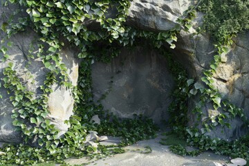 Aufkleber - A natural stone wall overgrown with greenery and rocks