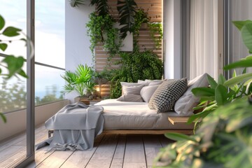 Poster - A simple bedroom scene with a bed placed against a wall near a window, surrounded by wooden flooring