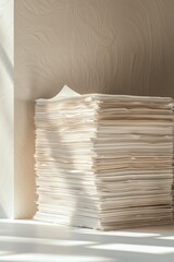 Aufkleber - A stack of papers sitting on top of a table, possibly awaiting attention or organization