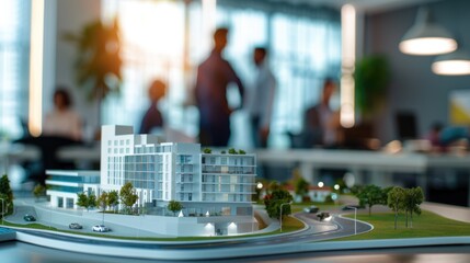 real estate developers, architects and businessmen team working on new business buildings project in office. complex scale model on the table