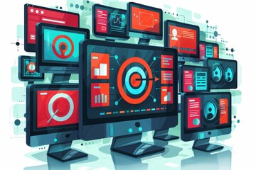 Poster - multiple desktop computers displaying data and charts with a target icon
