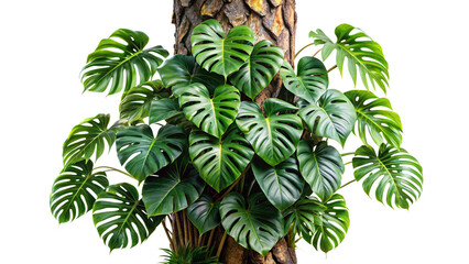 a plant monstera is growing on a tree trunk with a transfarent background 