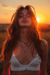 Poster - real, girl, hair, air, sunset by white & red & black, 4k, happy 